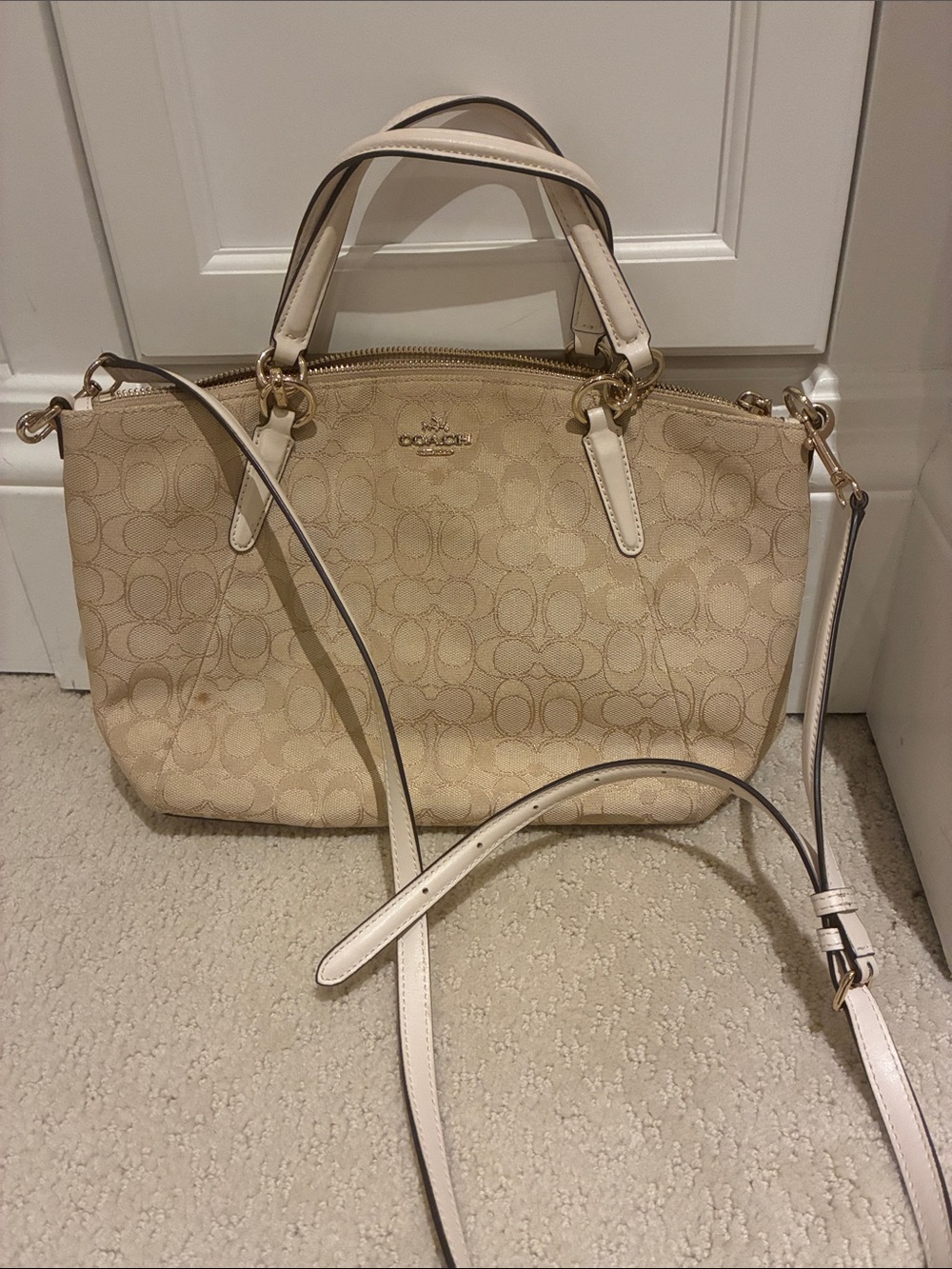 COACH Signature Canvas Small Kelsey Satchel Crossbody Cream Beige👝